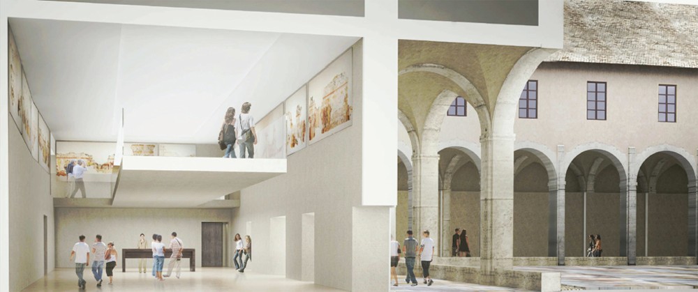 Vue intérieure de la future entrée du musée, les peintures de Cruet et le cloître