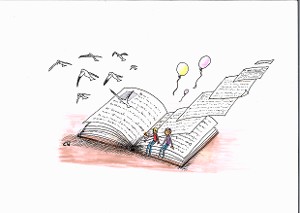 Deux personnages sont assis sur une page d'un livre ouvert. Ils parlent. Des feuilles du livre s'envolent. trois ballons gonflables s'échappent. des oiseaux volent.
