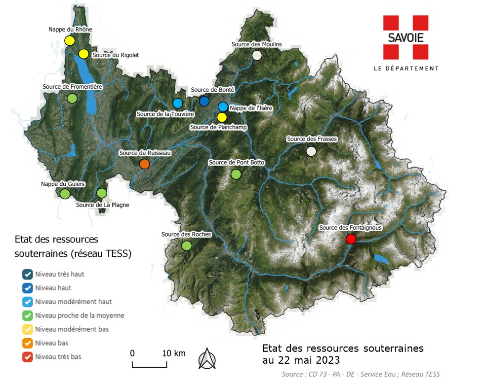 Carte Départementale Bilan de la Ressource au 22 mai 2023 en Savoie ©Dpt73