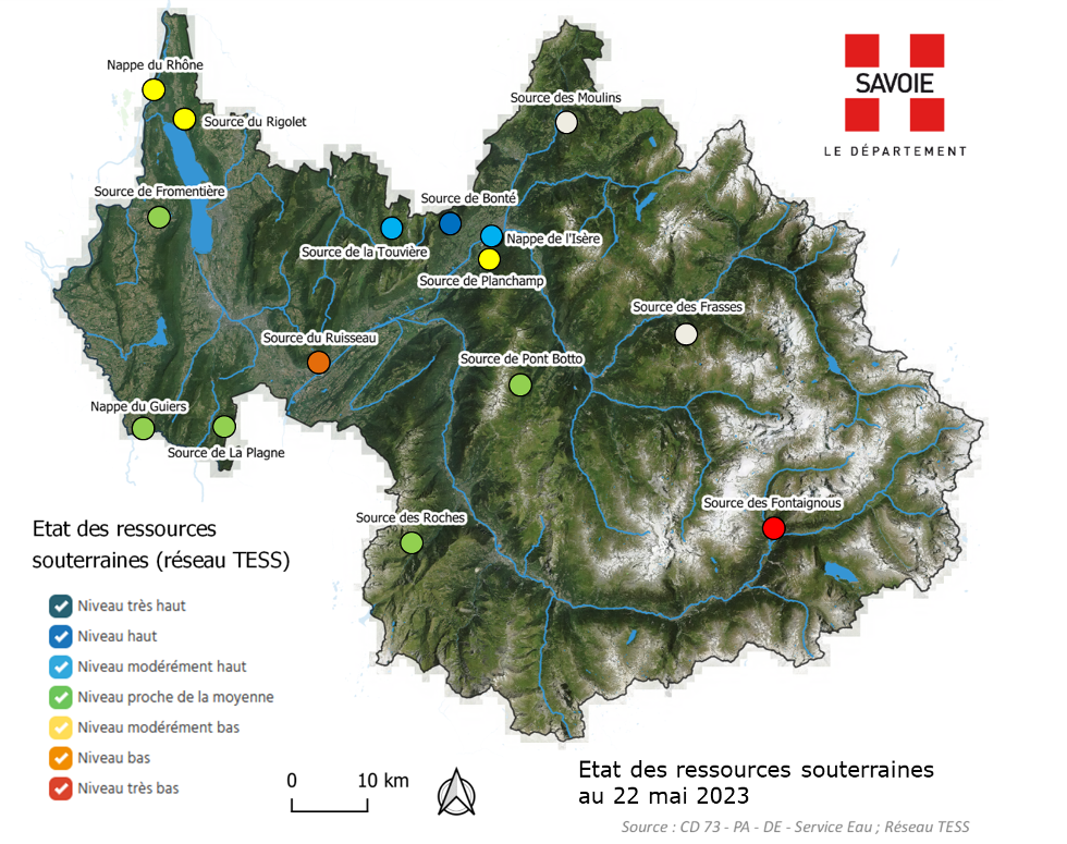 Carte Départementale Bilan de la Ressource au 22 mai 2023 en Savoie ©Dpt73