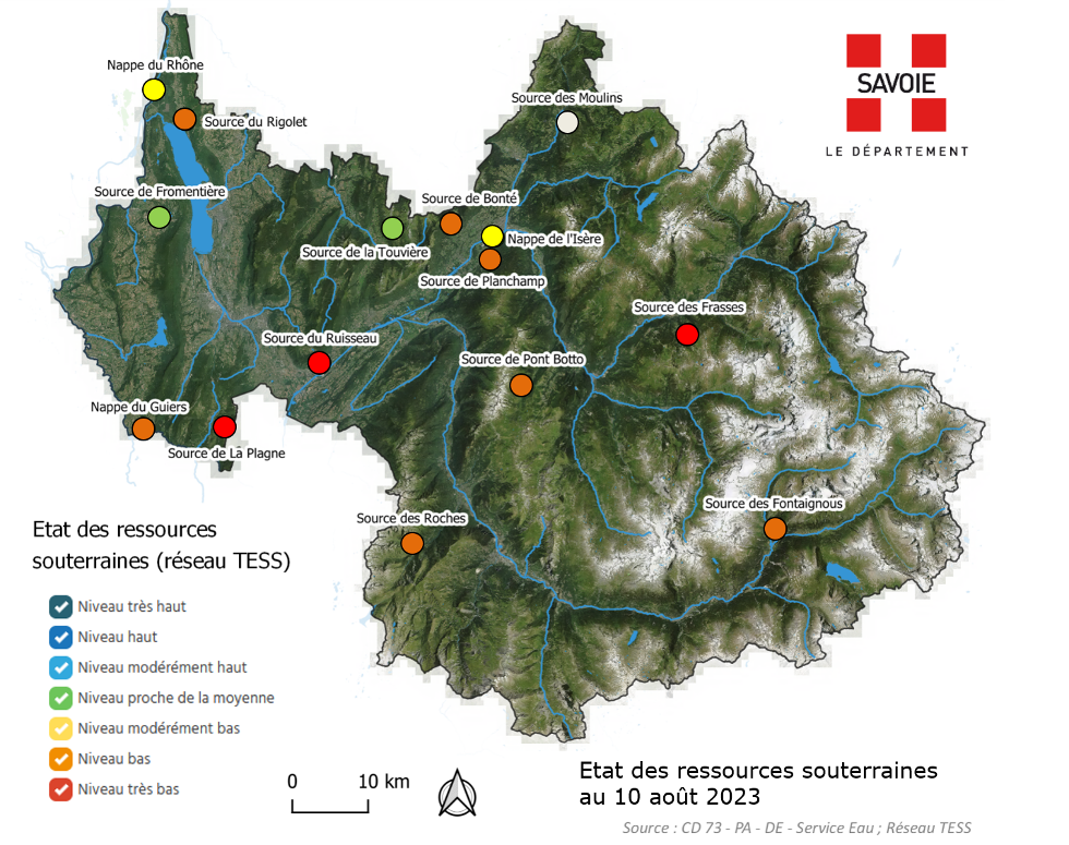 Etat des ressources souterraines de Savoie en date du 10 août 2023